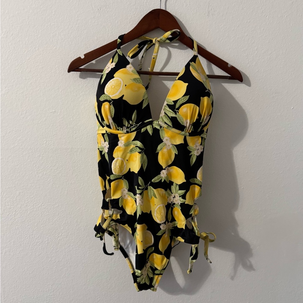 Shade & Shore Lemon Print One Piece Strappy Swimsuit